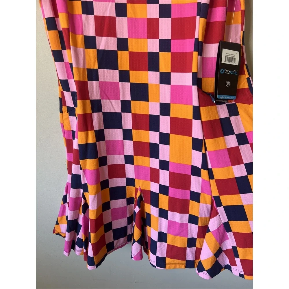 IBKUL Annalise Godet Flounce Hem Zip Neck Dress Pink/Orange Check Size Large SPF